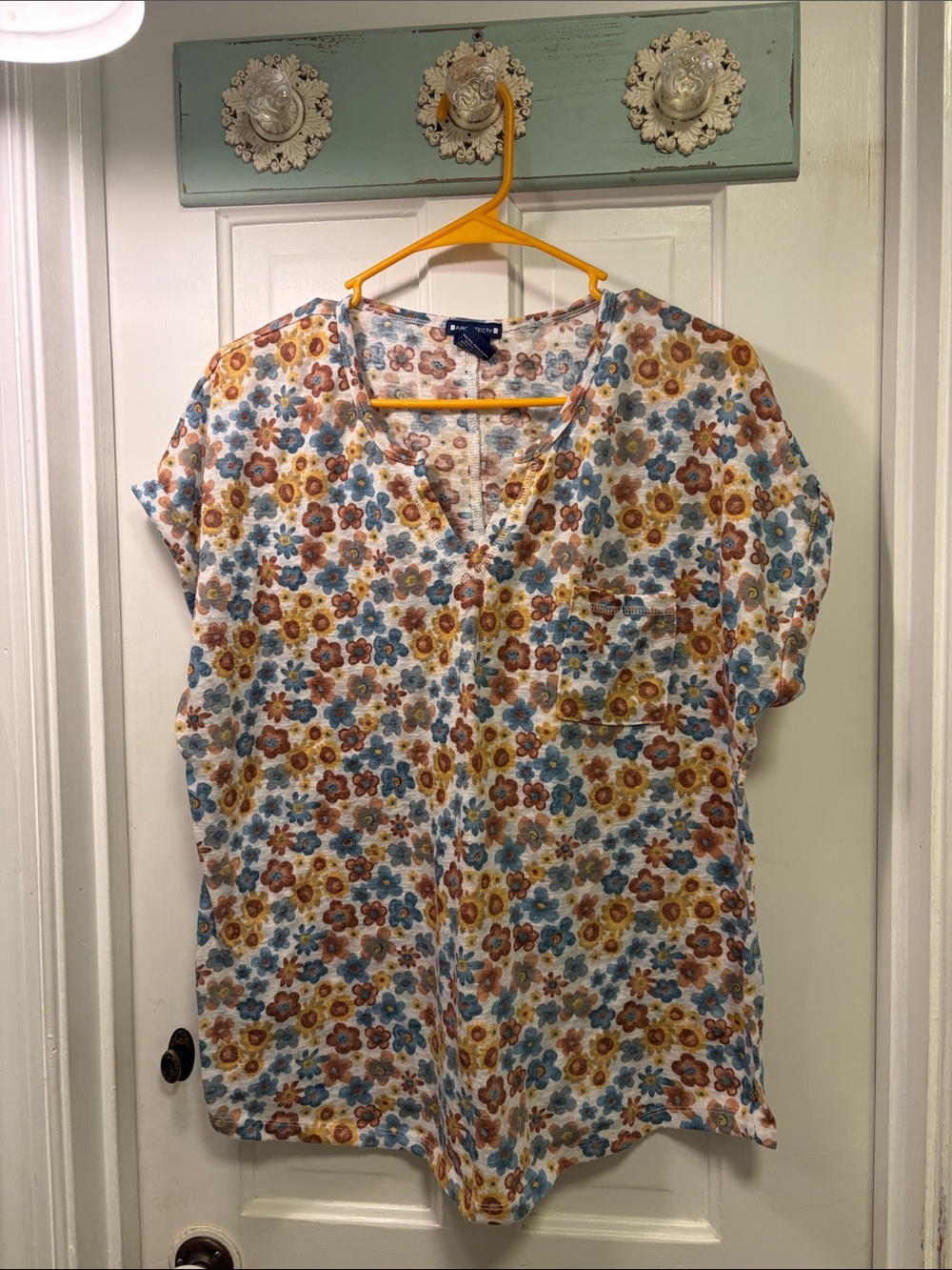 Architect Floral Split V-Neck Short Sleeve Top - Blue, Brown, Yellow